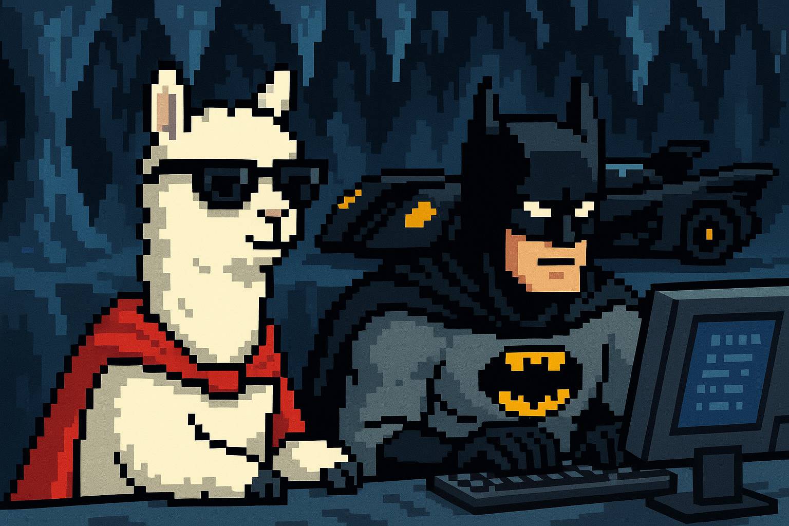 Alpaca and Batman working in the Batcave
