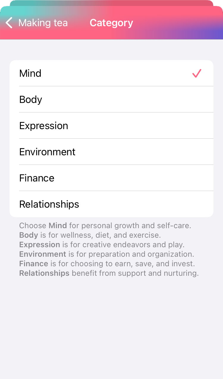 Habit category selection