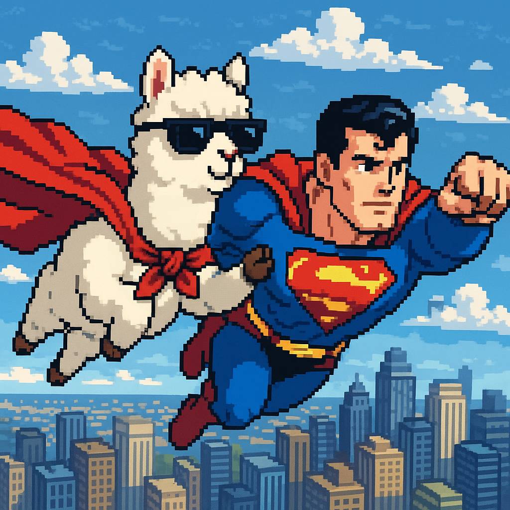 Alpaca and Superman flying